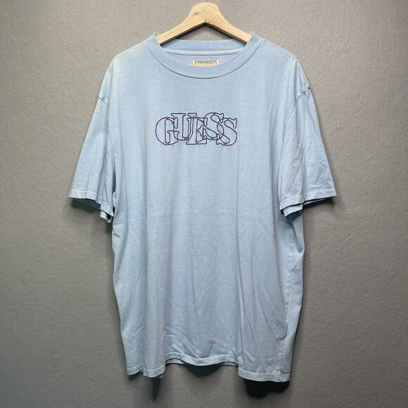 Vintage Guess Originals Light Blue Embroidered Logo T-Shirt L - Picture 1 of 12